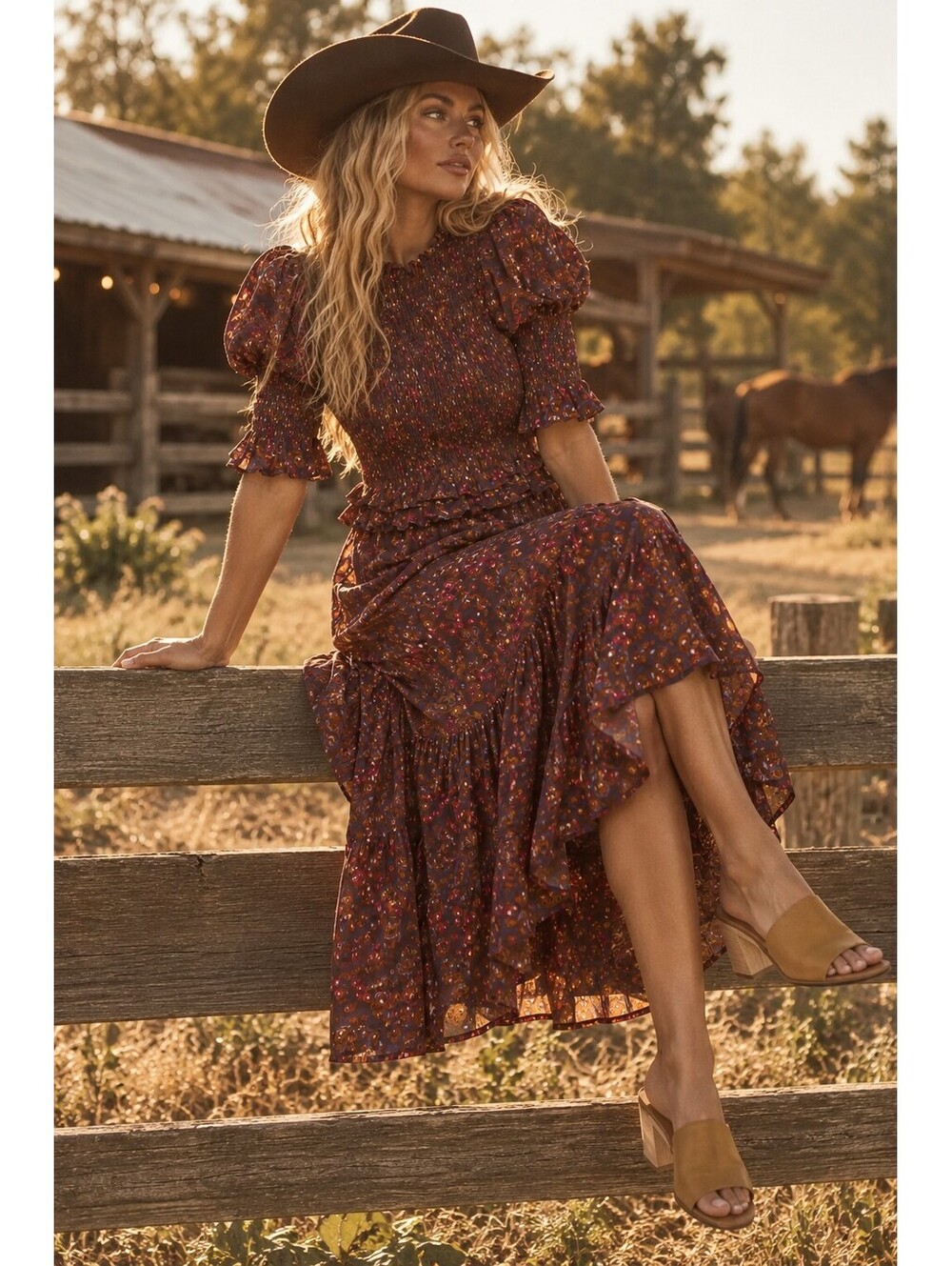 Sea New York Ilana Ikat Red Floral Smocked Midi Dress XS